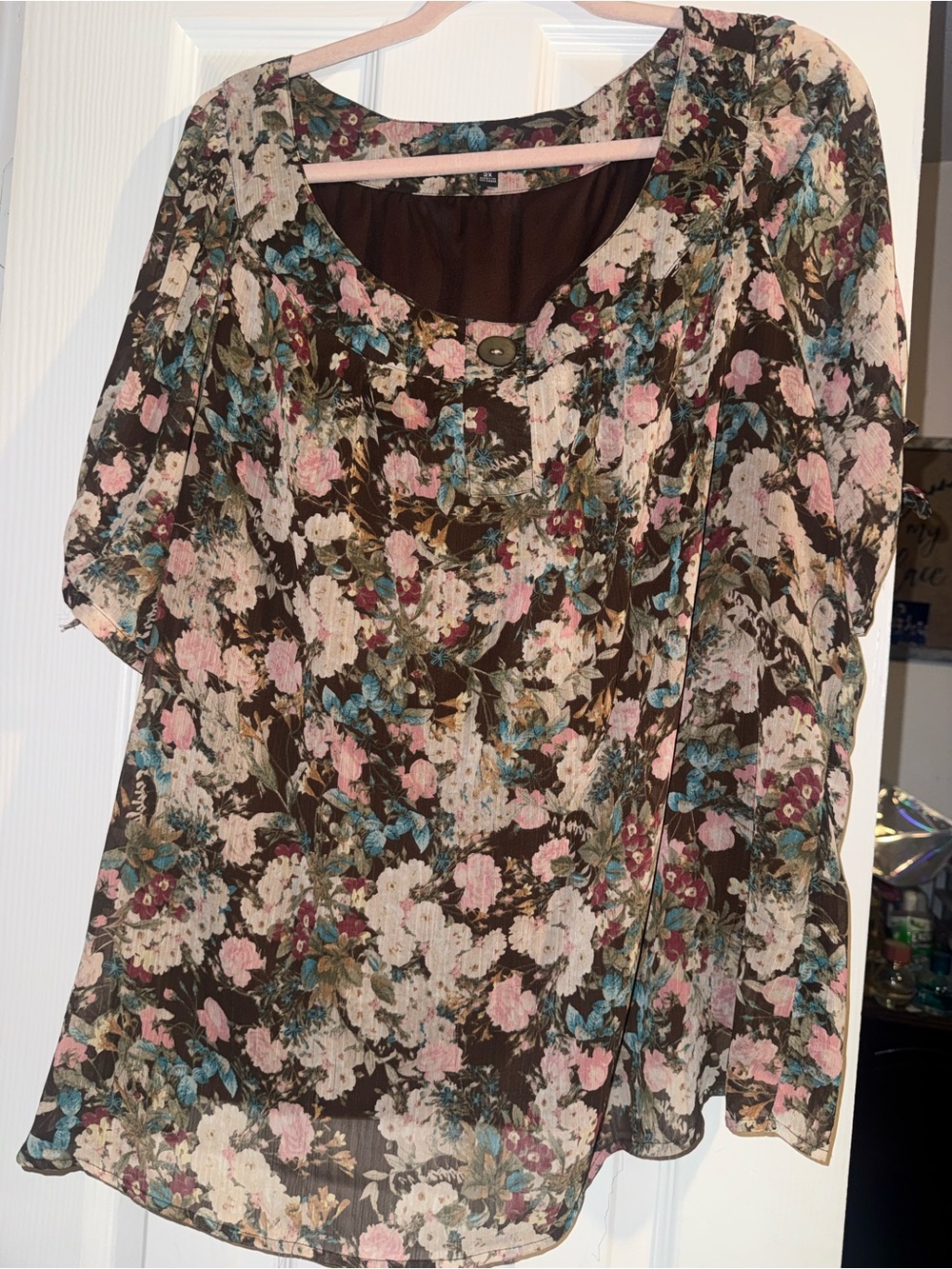 Sara Michelle Brown Floral Scoop-Neck Blouse with Pink & Blue Accents